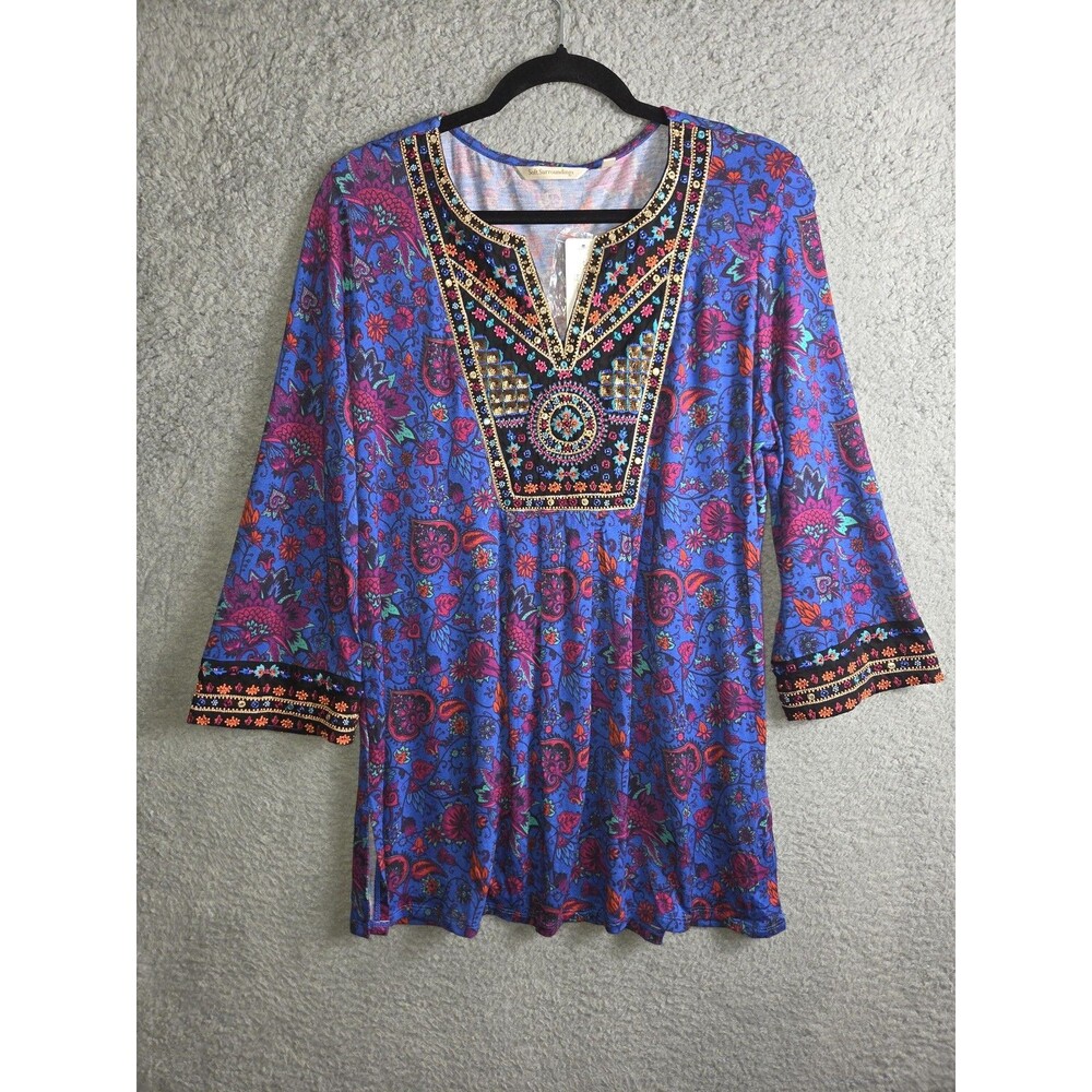 Soft Surroundings‎ Top Womens M Blue Tamuri Embroidered Beaded Tunic Boho Hippie